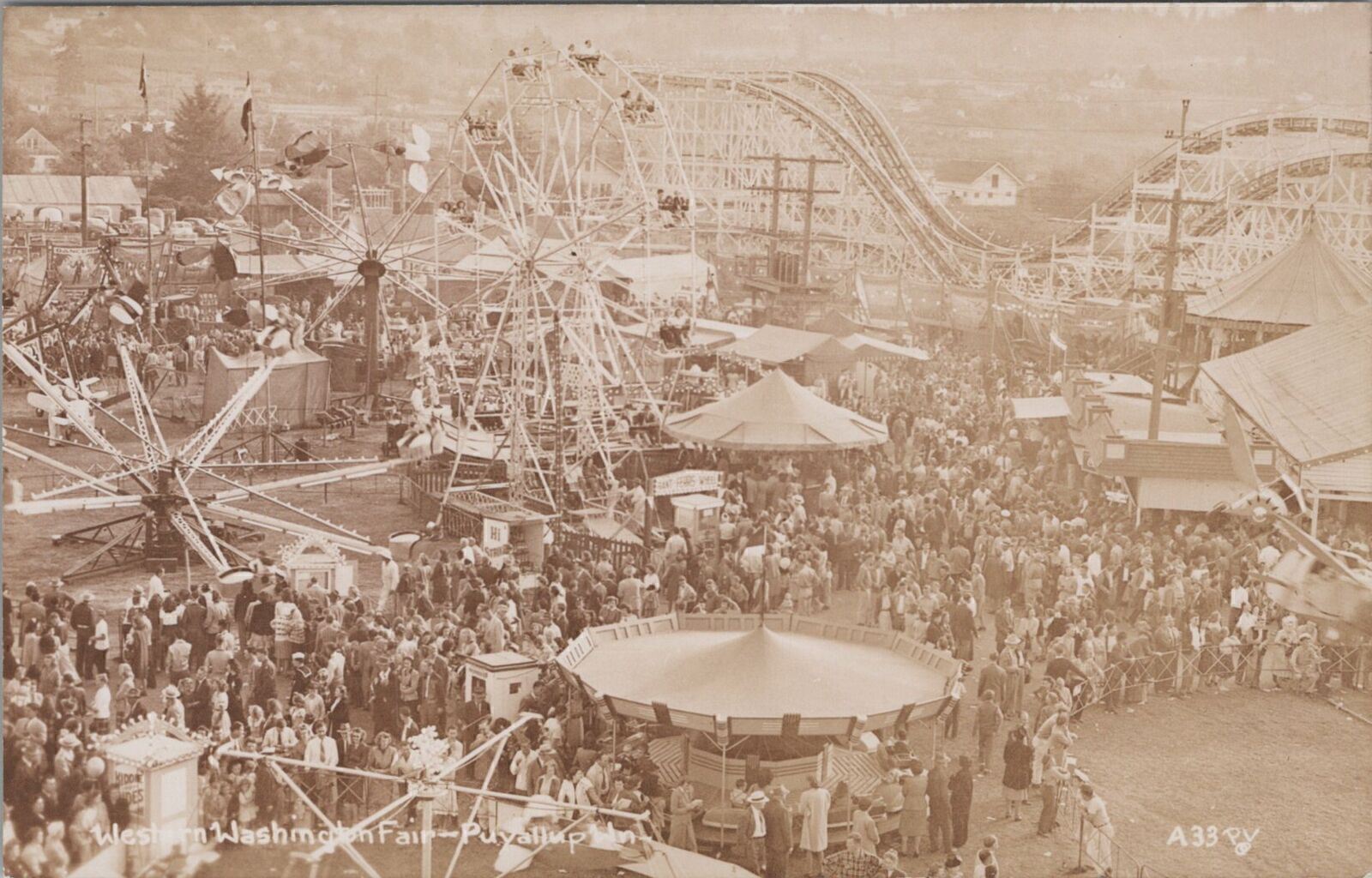 RPPC Postcard Western Washington Fair Puyallup WA Roller Coaster Rides 