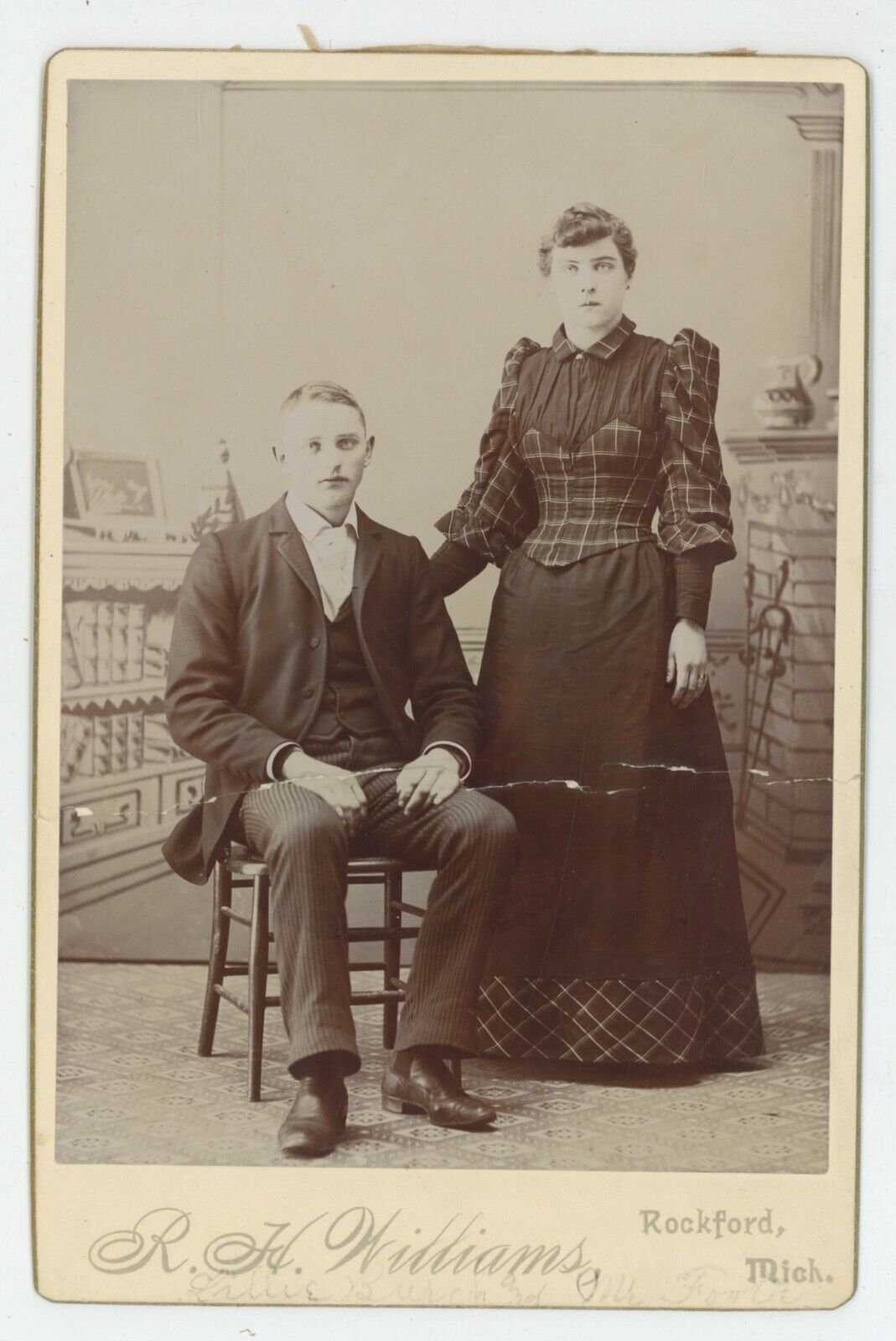 Antique Circa 1880s Cabinet Card Beautiful Young Couple Posing Rockford, MI