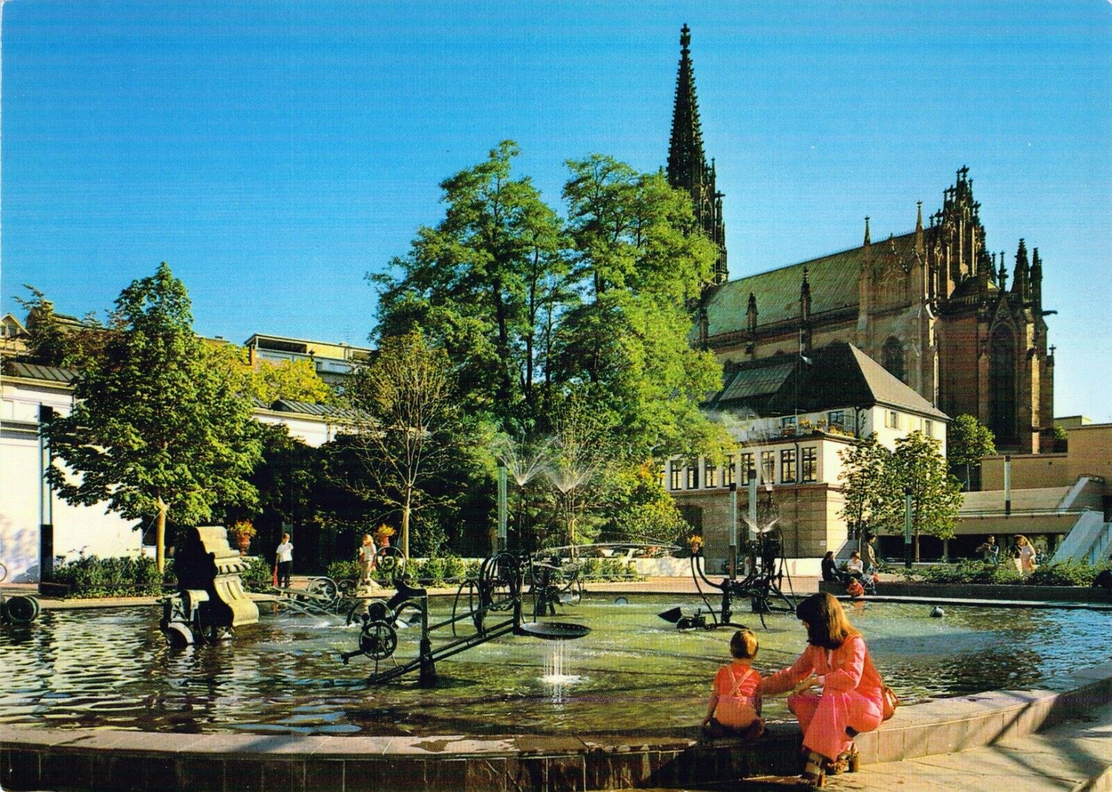 Postcard Basel Fountain of the Theater with View on the Church of Elisabeth,M3