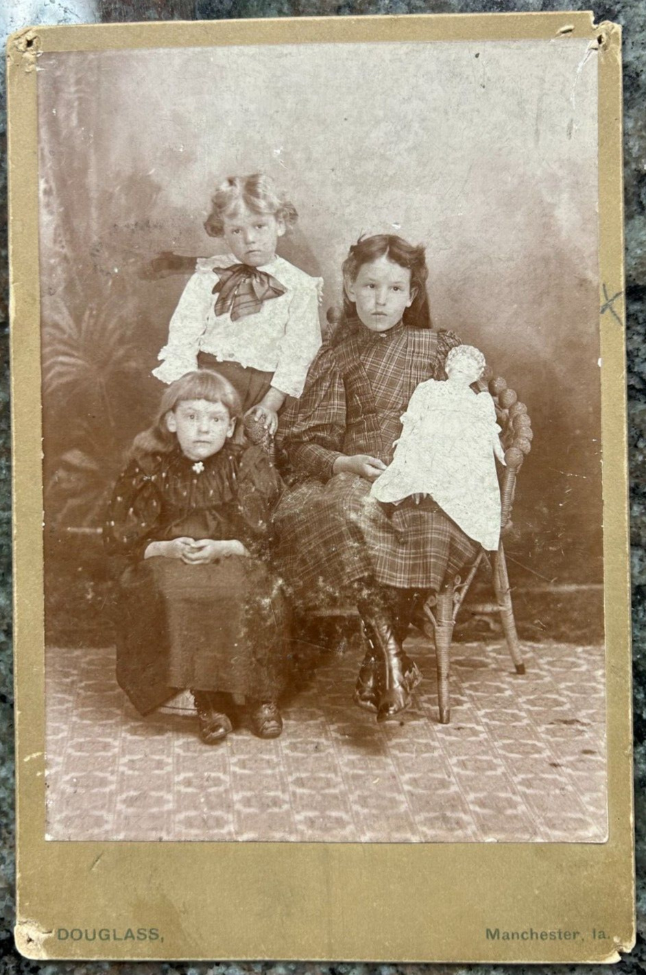 Antique Photo Young Kids Siblings one with Doll in Portrait Early 1900\'s?