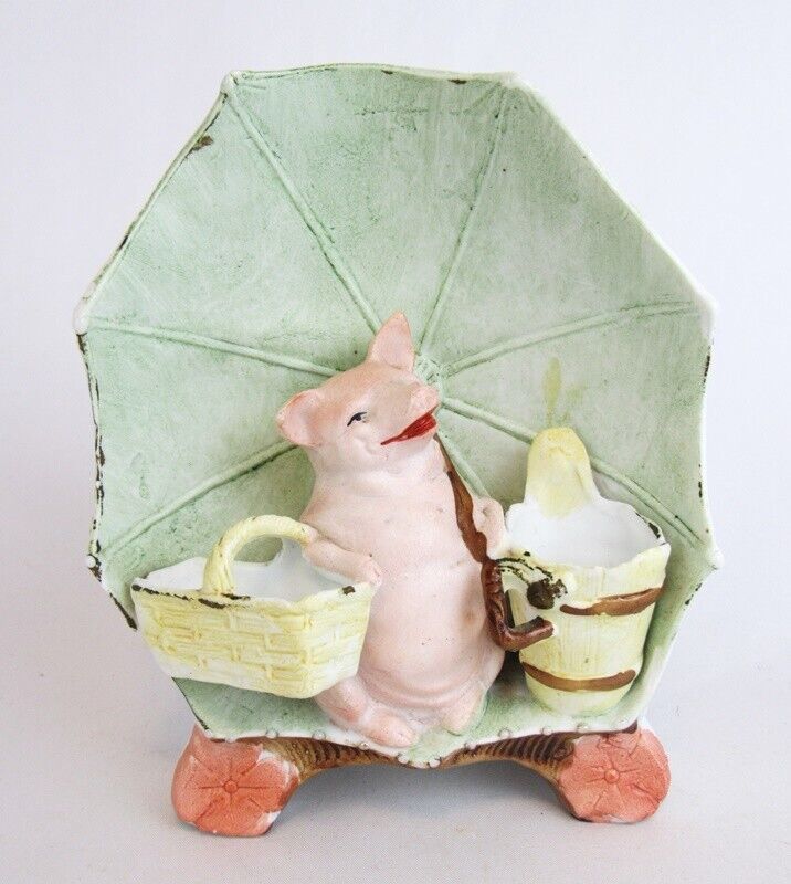 Antique Carl Schneider Germany Painted Bisque Pig w/ Basket & Umbrella Figurine