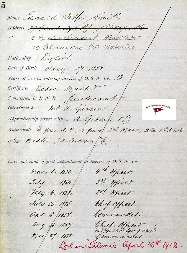 RMS TITANIC CAPTAIN, EDWARD JOHN SMITH, COMPLETE RECORD OF SEAMANSHIP REPRINT