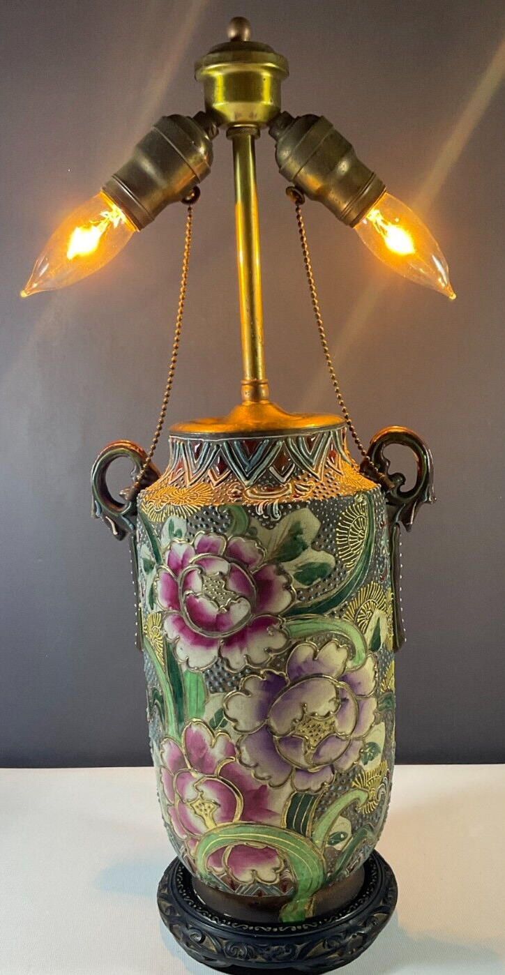 Antique Japanese Satsuma Porcelain Table Lamp Floral Design c. 1920\'s