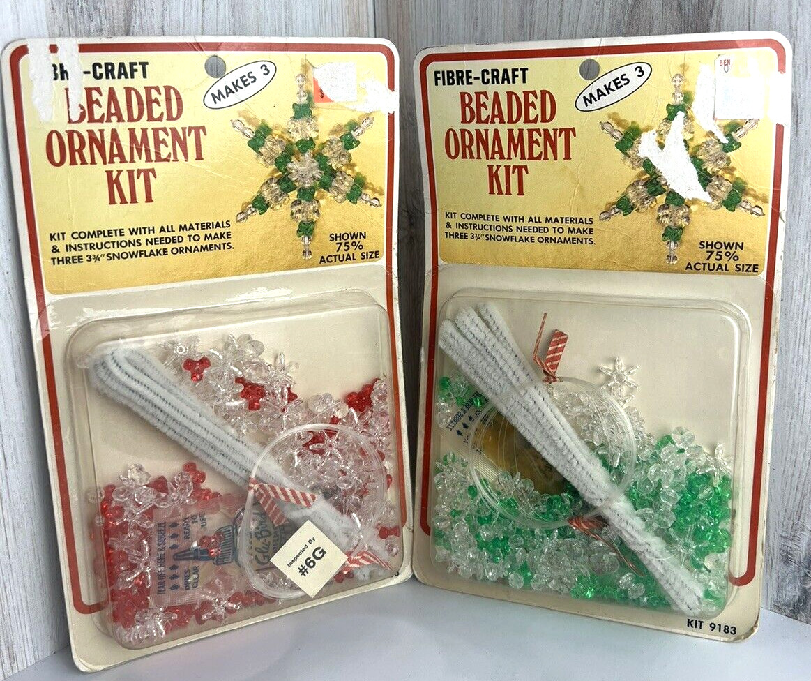 Vintage Fibre-Craft Beaded Ornament Kit No. 9183 Snowflake Red & Green NOS