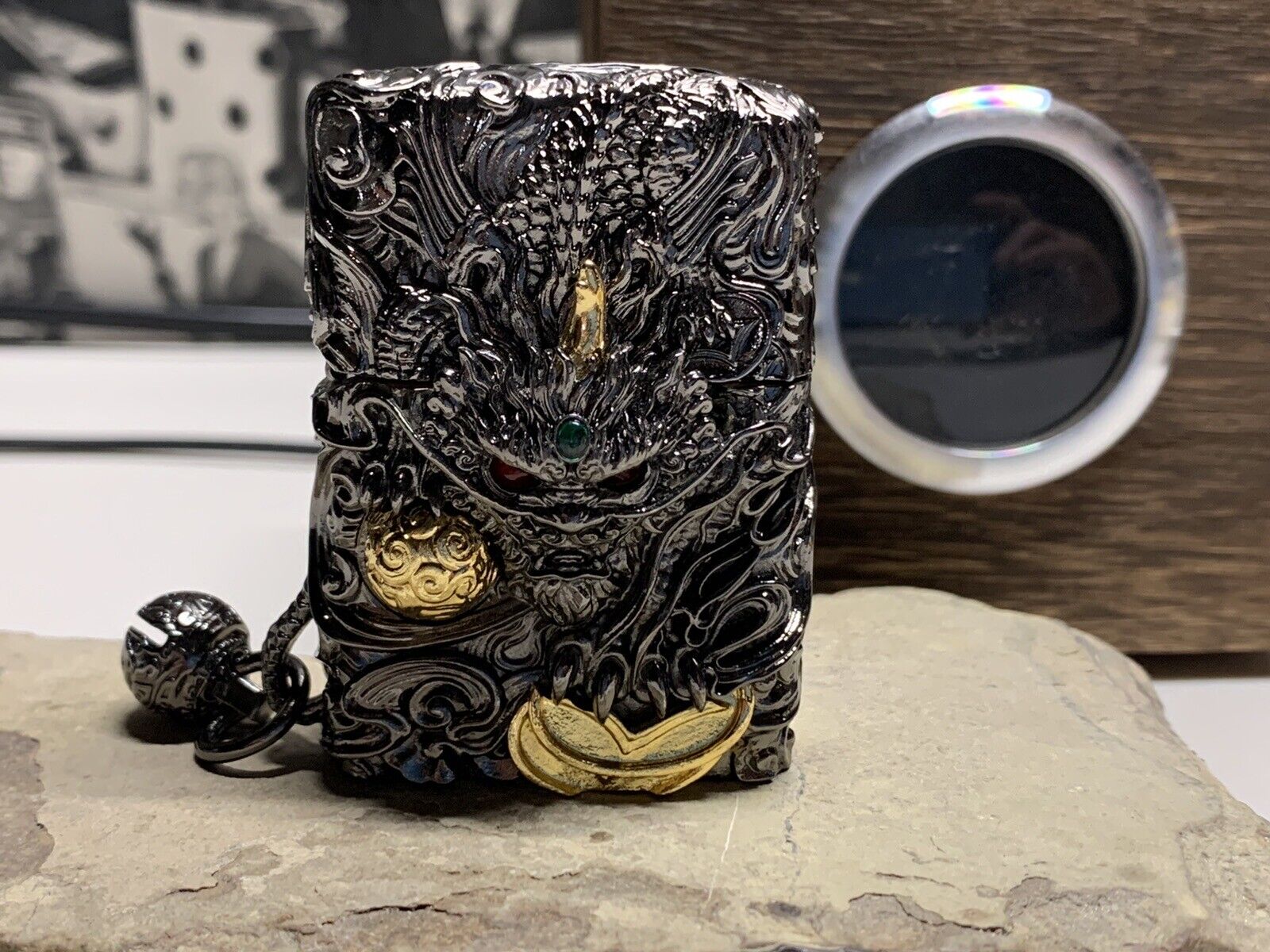 Zippo Dragon Gold & Black Zippo Lighter Heavy New In Wood Box