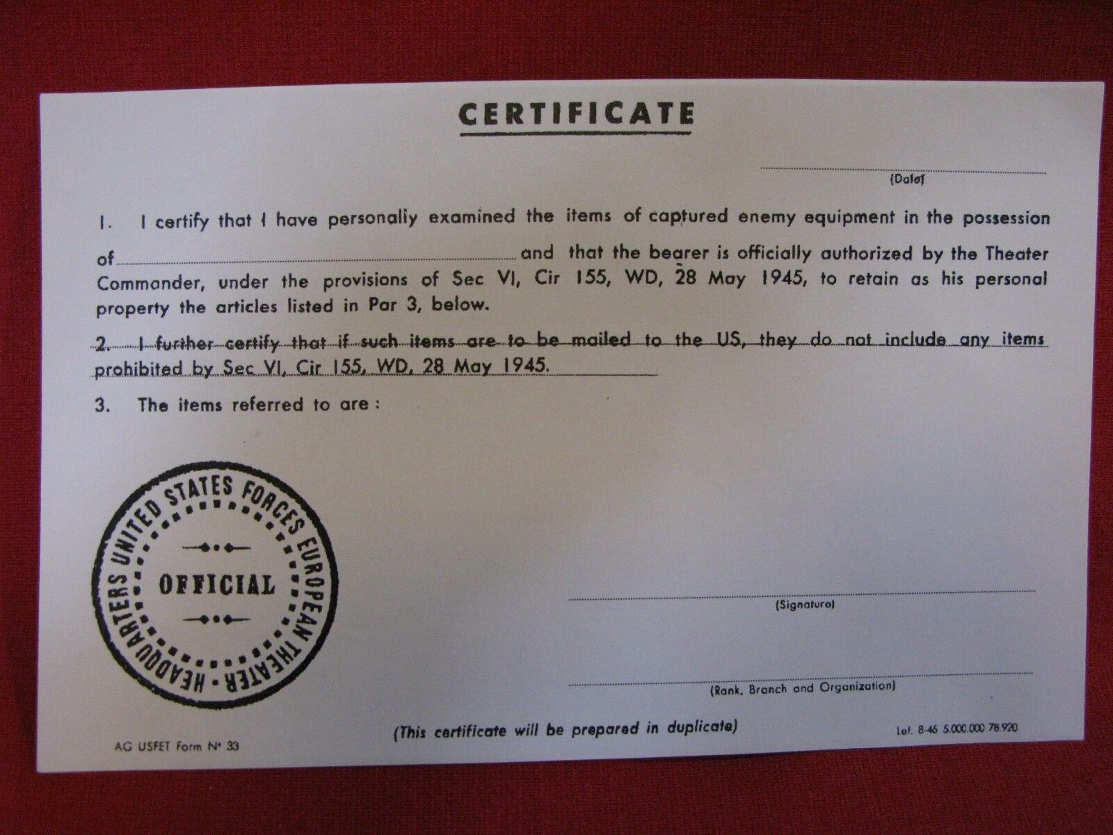 WW2 BLANK U.S. ARMY CAPTURE PAPER / CERTIFICATE, MINT CONDITION No Reserve