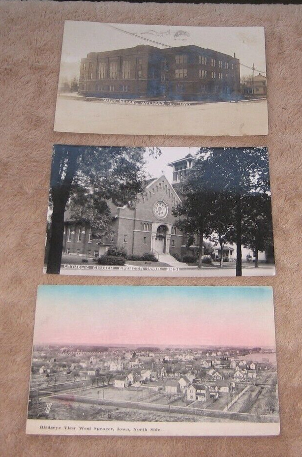 Spencer IA Iowa Postcards Lot Town Birdseye Catholic Church High School RPPC's