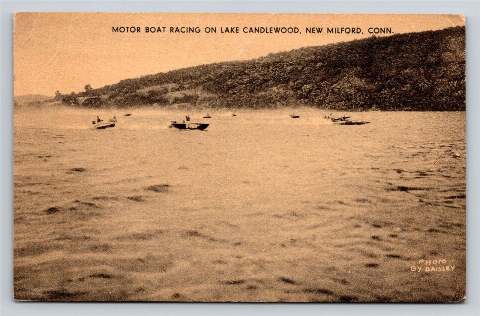 New Milford CT Motor Boat Racing on Lake Candlewood Collotype Old Postcard 1930s