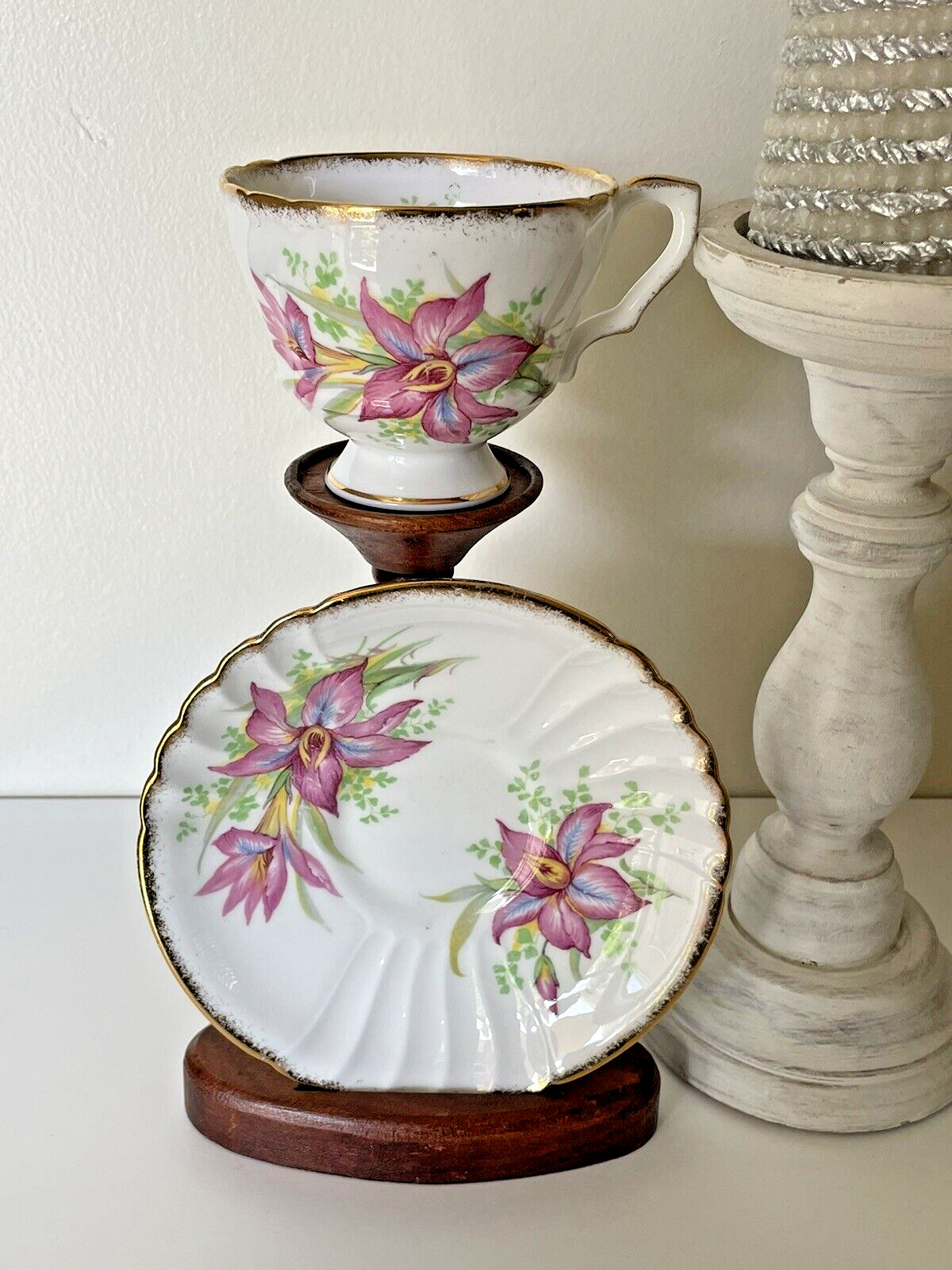 Vintage Royal Stafford Pink Floral Lily Teacup & Saucer Gold Gilt England