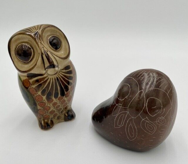 2 Vintage Mexican Tonala & Black Incised Pottery Owls 1 Signed Carlos Villanue