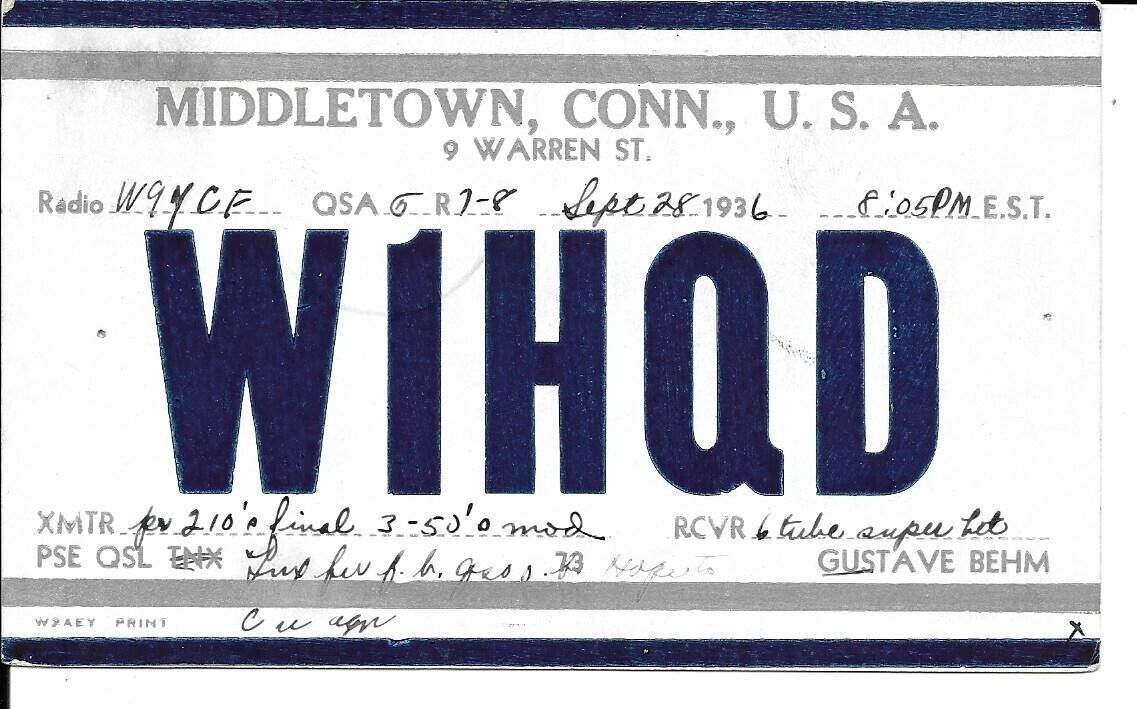 QSL  1936 Middletown   CT   radio card