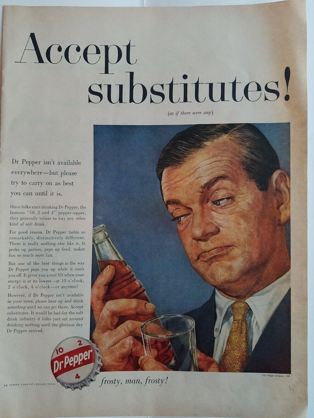 1959 Dr. Pepper soda bottle cap Frosty man Frosty vintage ad