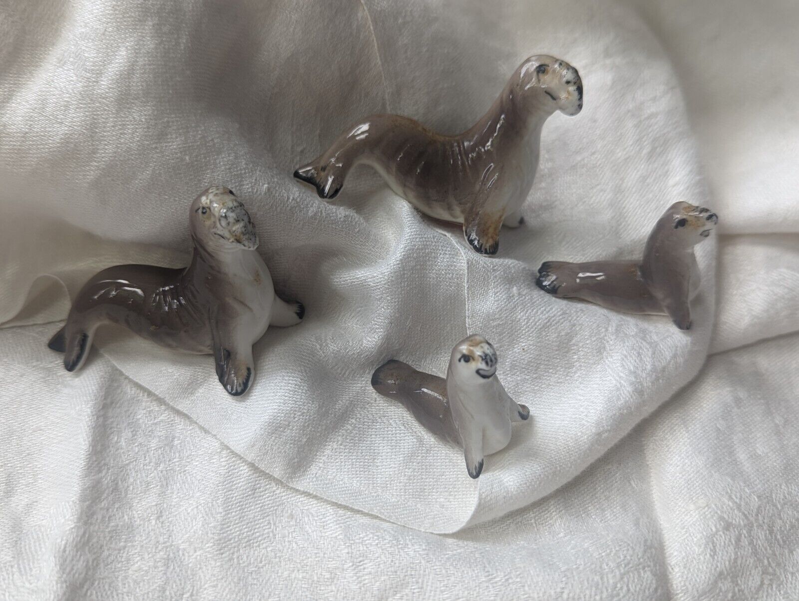 Vintage Seal Sea Lion Family Miniature Bone China Shiken Japan Figurines