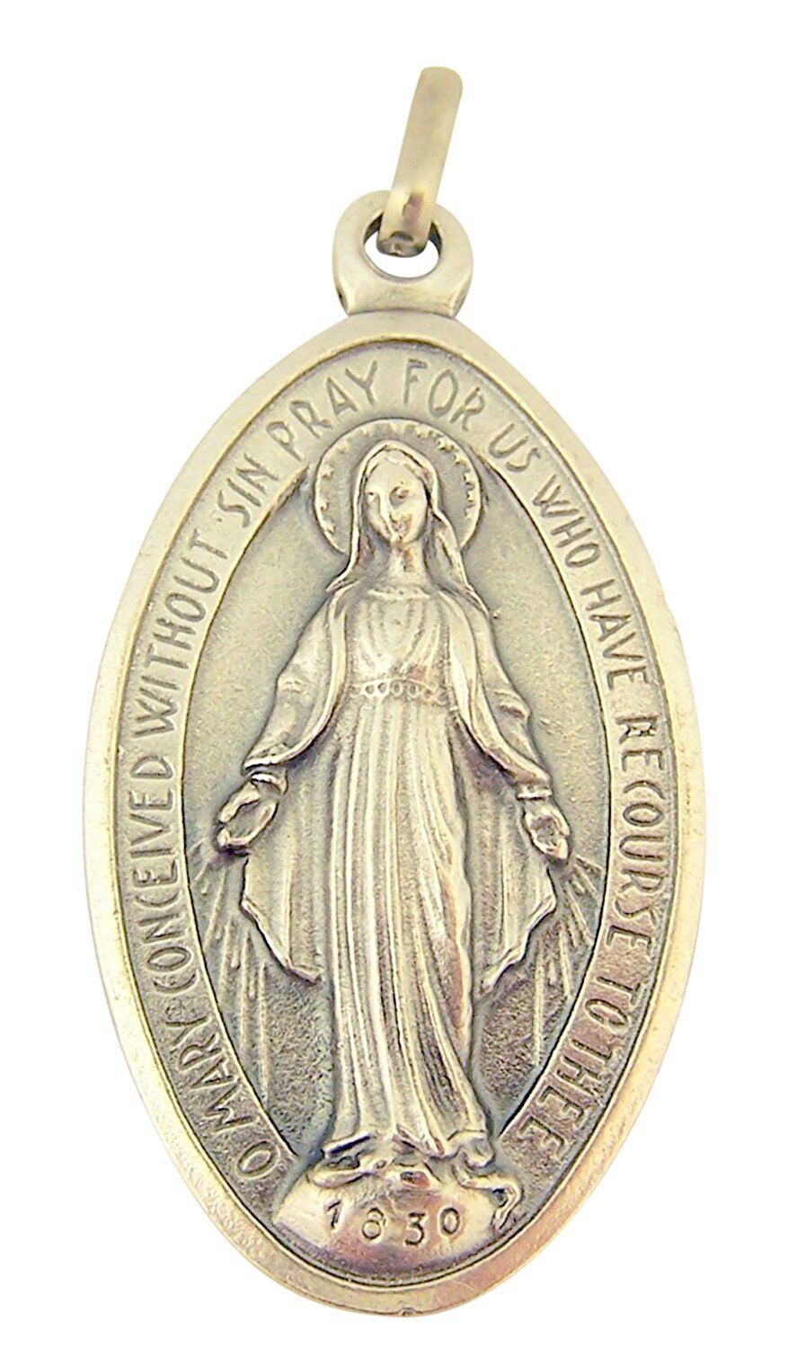 Silver Toned Base Oval Virgin Mary Miraculous Medal Pendant, 1 1/2 Inch
