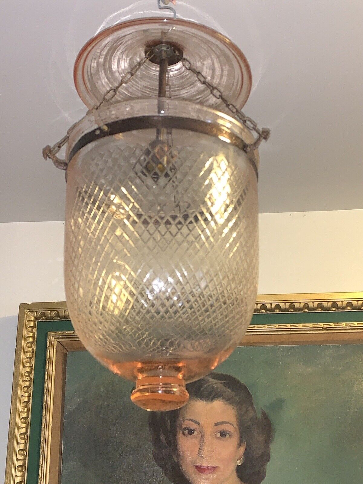 Antique Colonial Bell Jar Lantern Pendant Lights, Lite Green Diamond Pattern