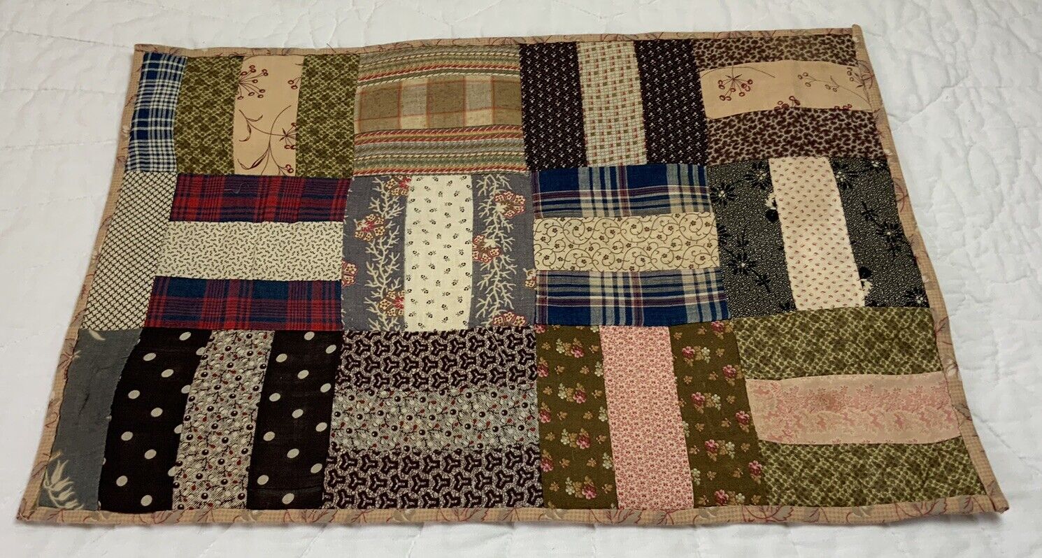 Vintage Antique Patchwork Quilt Large Table Topper, Rectangles, Early Calicos
