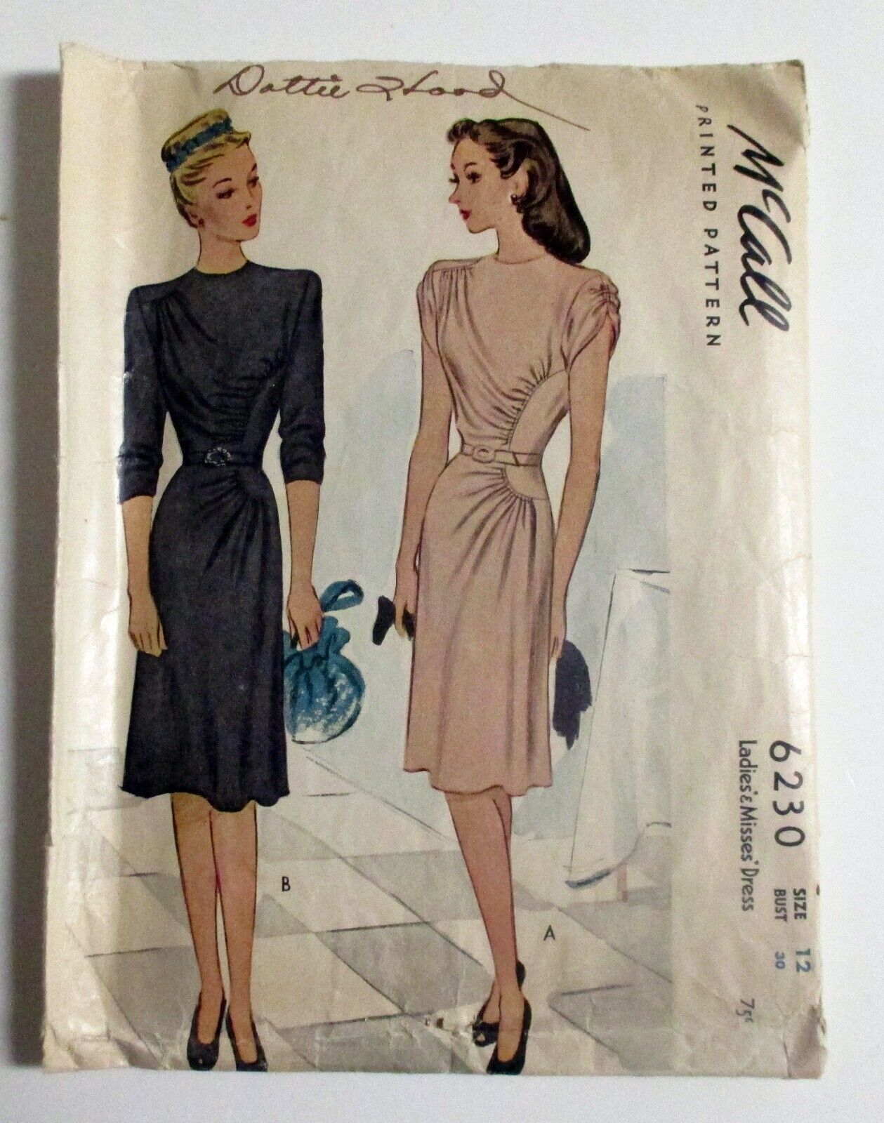 Vtg 40\'s  McCalls 6230 Draped Dress dated 1945 Pattern CUT SZ. 12 COMPLETE