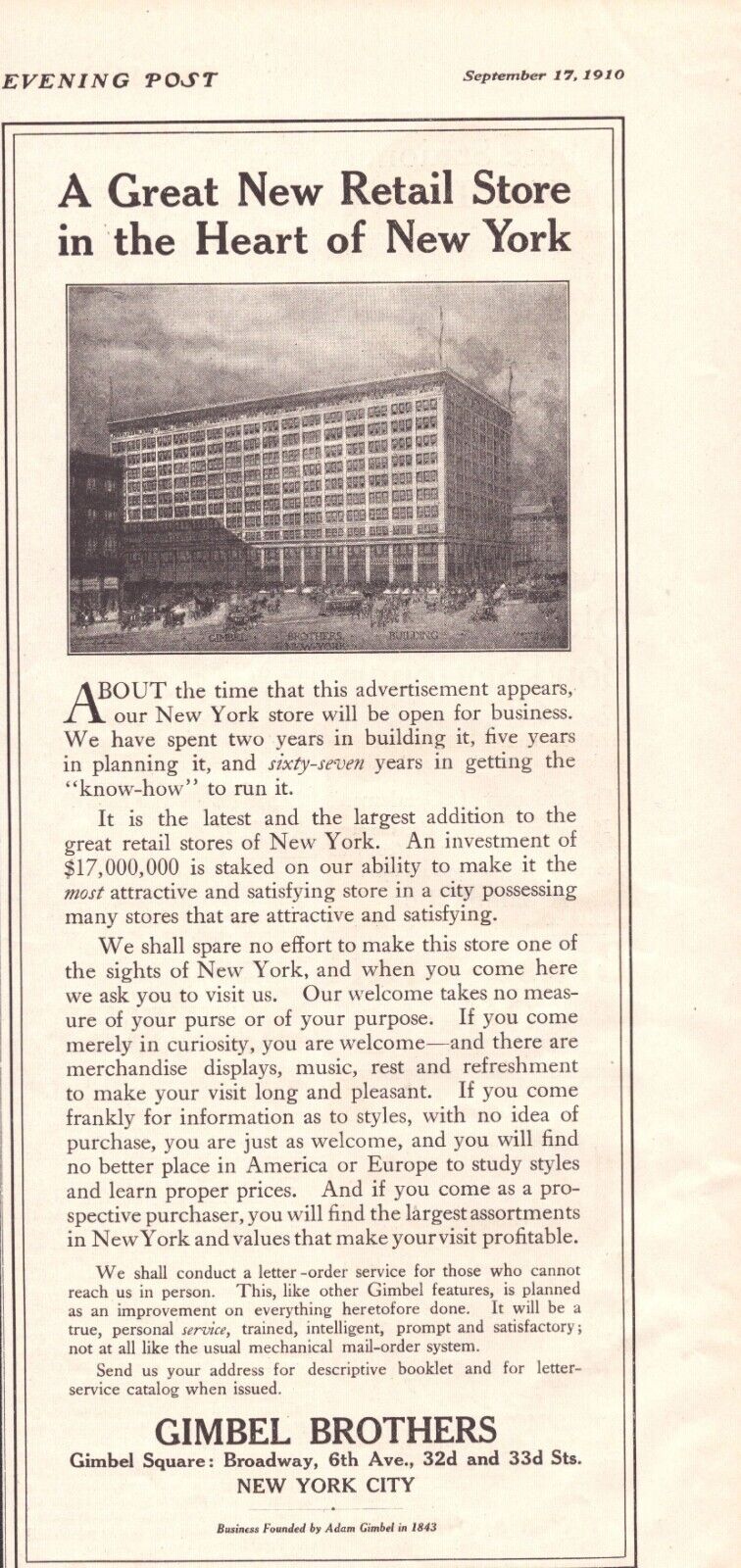 1910 Gimbel Brothers Department Store New York City Print Ad Retail Broadway