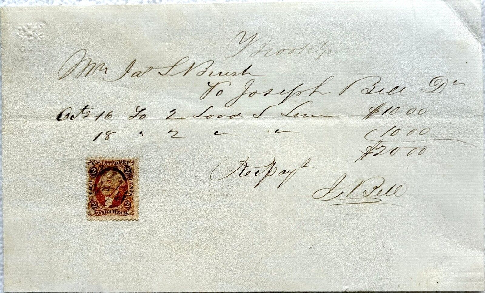 Antique 1862 Civil War Era Handwritten Receipt w/ Stamp From New York