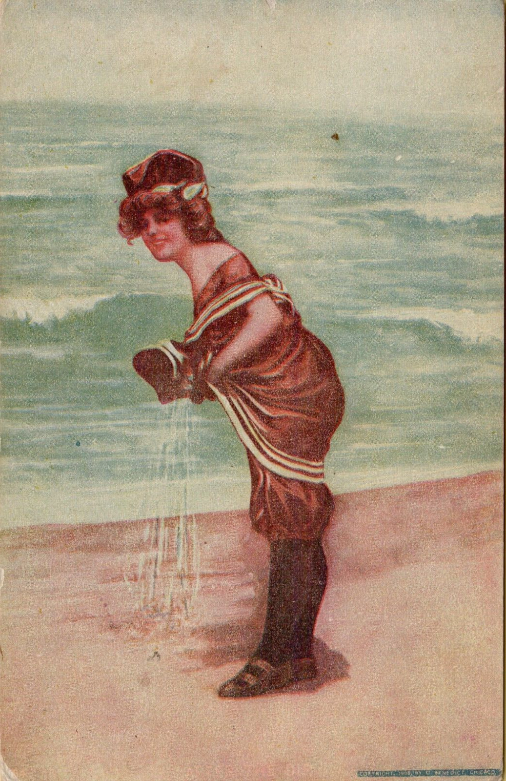 Bathing Beauty Postcard Woman Wringing out Swimsuit from c1906 or before Posted
