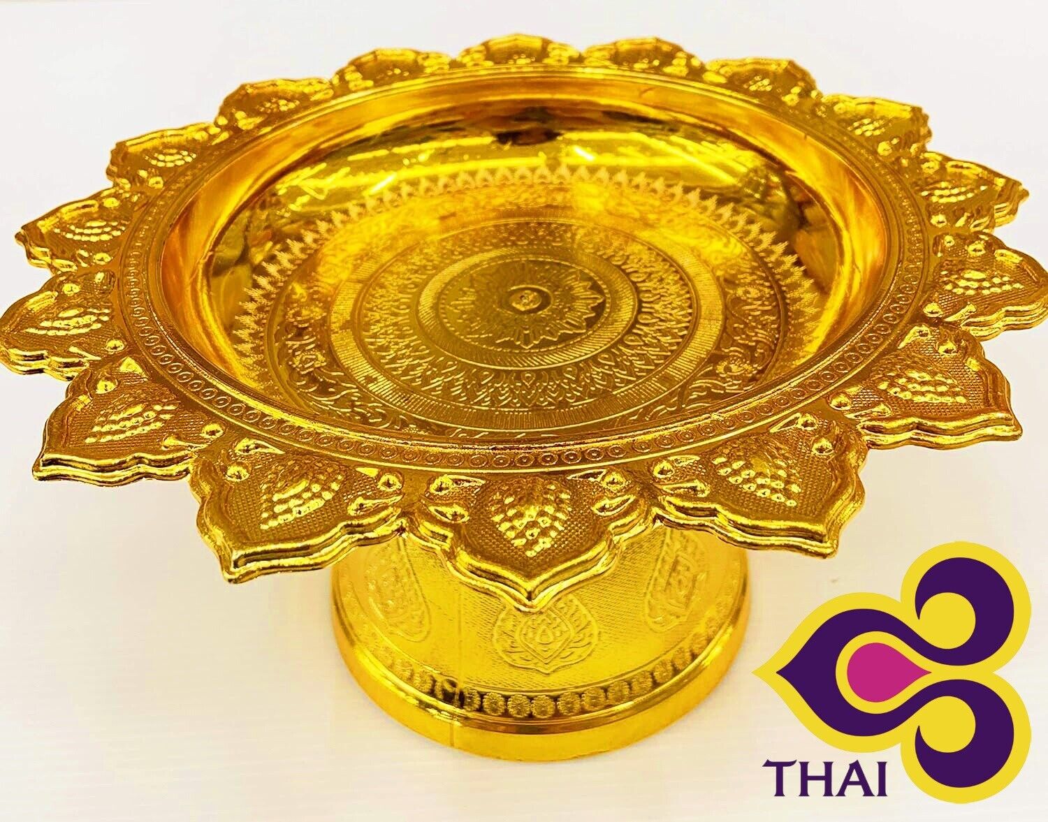 LARGE 14” THAI BUDDHIST GOLD OFFERING TRAY — ALTAR TRADITIONAL BUDDHISM THAILAND
