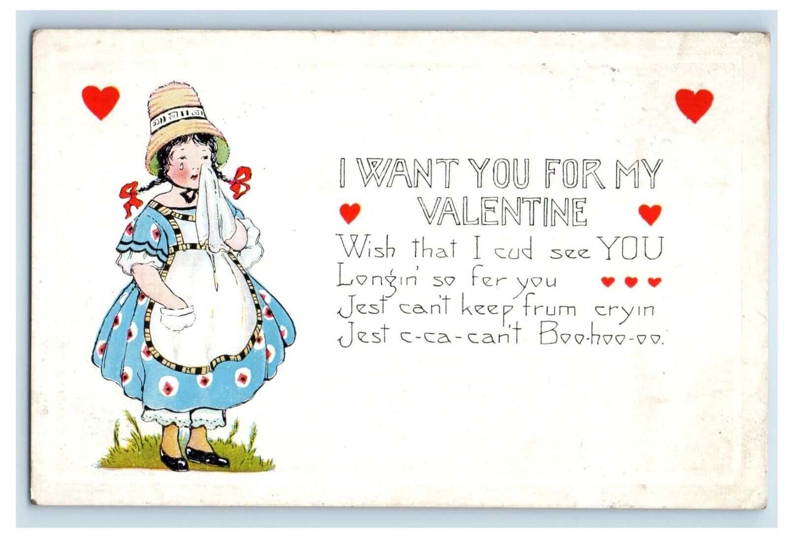 c1910's Valentine Girl Crying Dress Apron Hat Hearts  Posted Antique Postcard