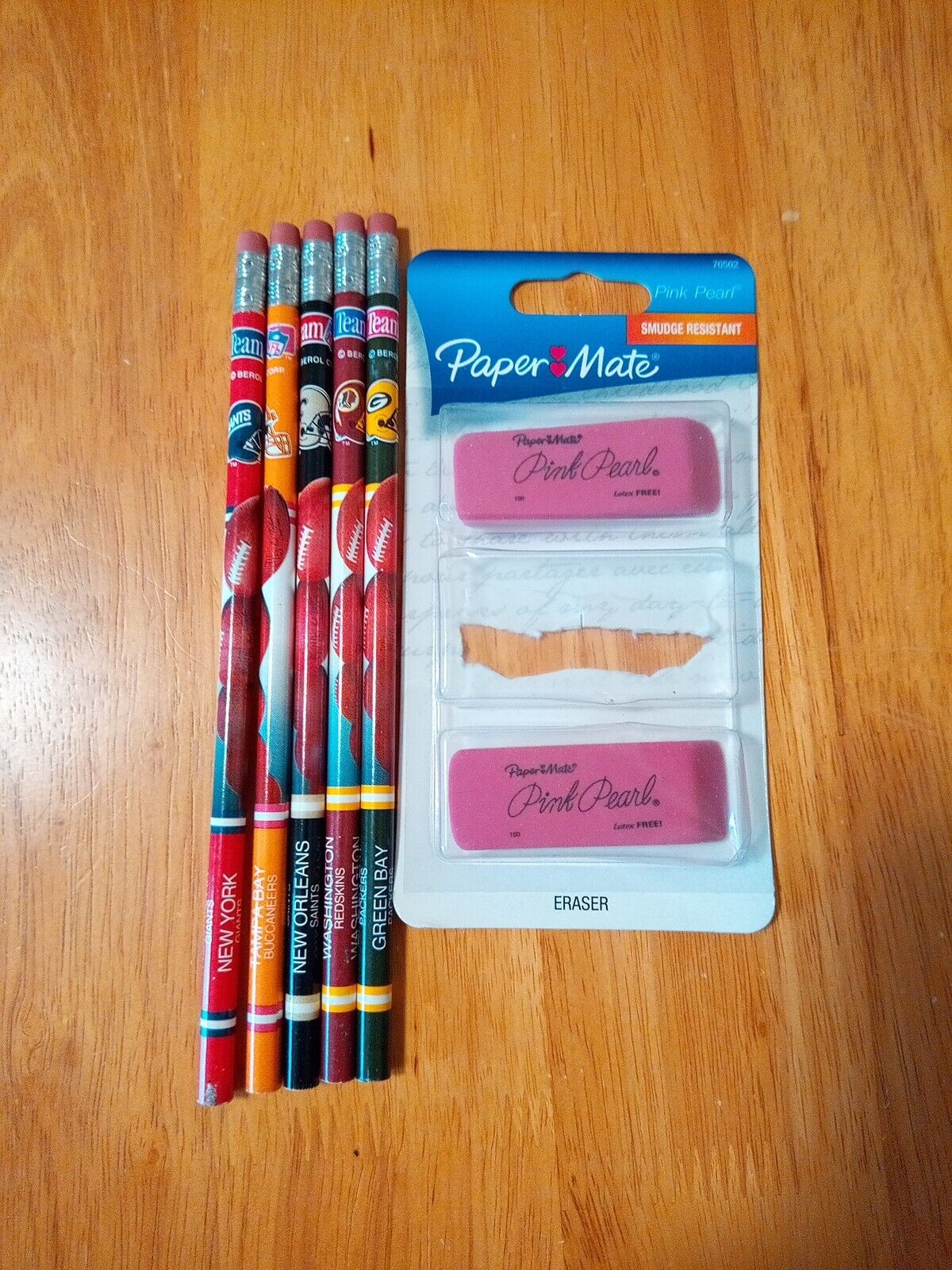5 NFL Berol Pencils Some Scratches/2 Pink Pearl Erasers One Missing From Package