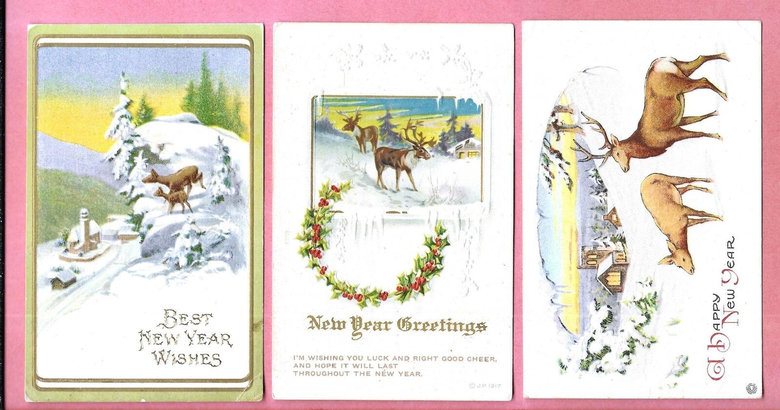 Lovely DEER On Lot of 3 Beautifully Embossed Vintage NEW YEAR Postcards