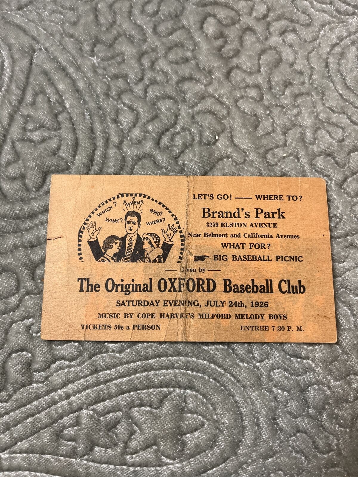Vintage 1926 Chicago Brand\'s Park  Oxford Baseball Picnic advertising card