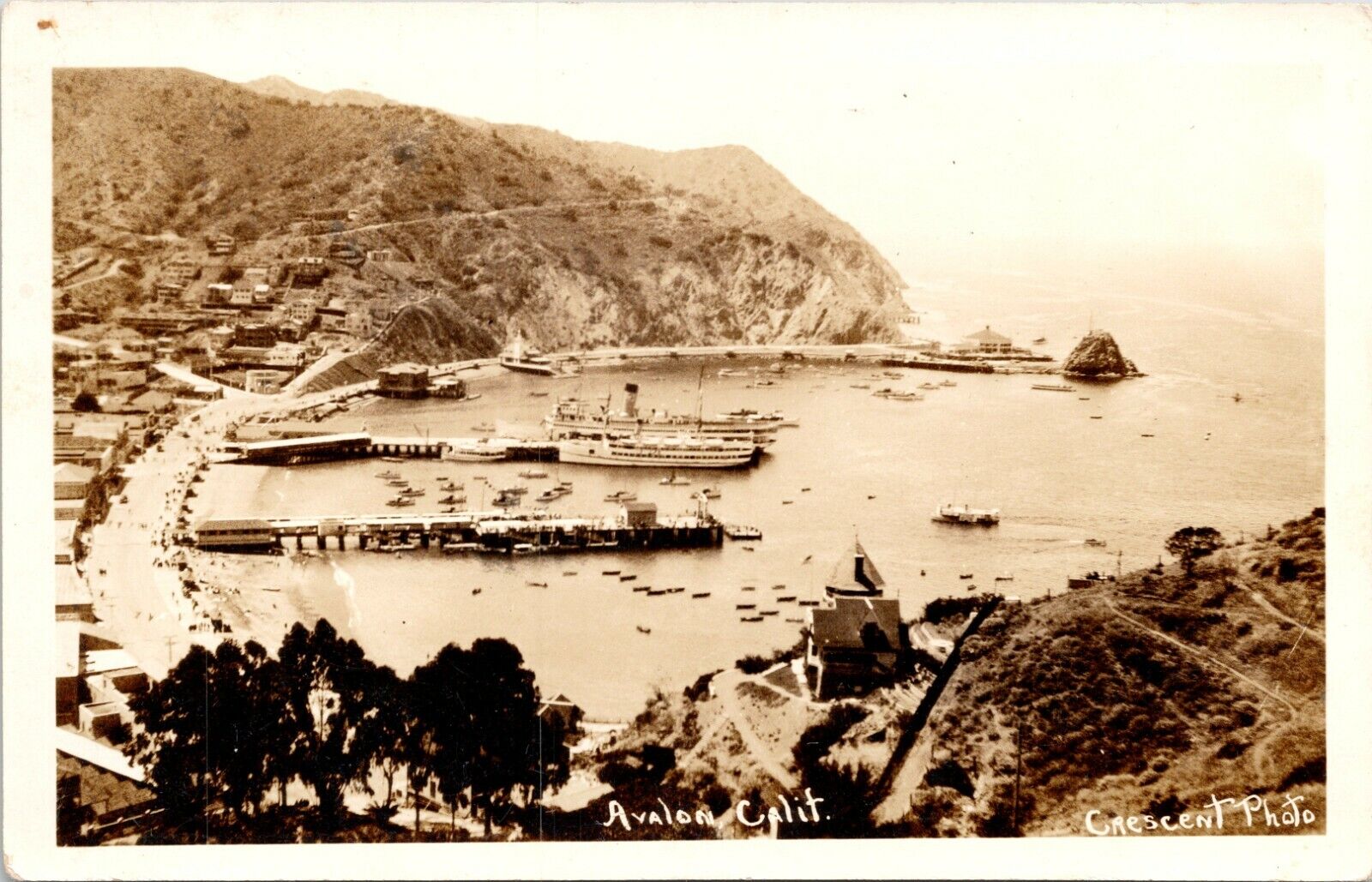C.1920s RPPPC Avalon Cay CA  Aerial View Ships Crescent California Postcard 76
