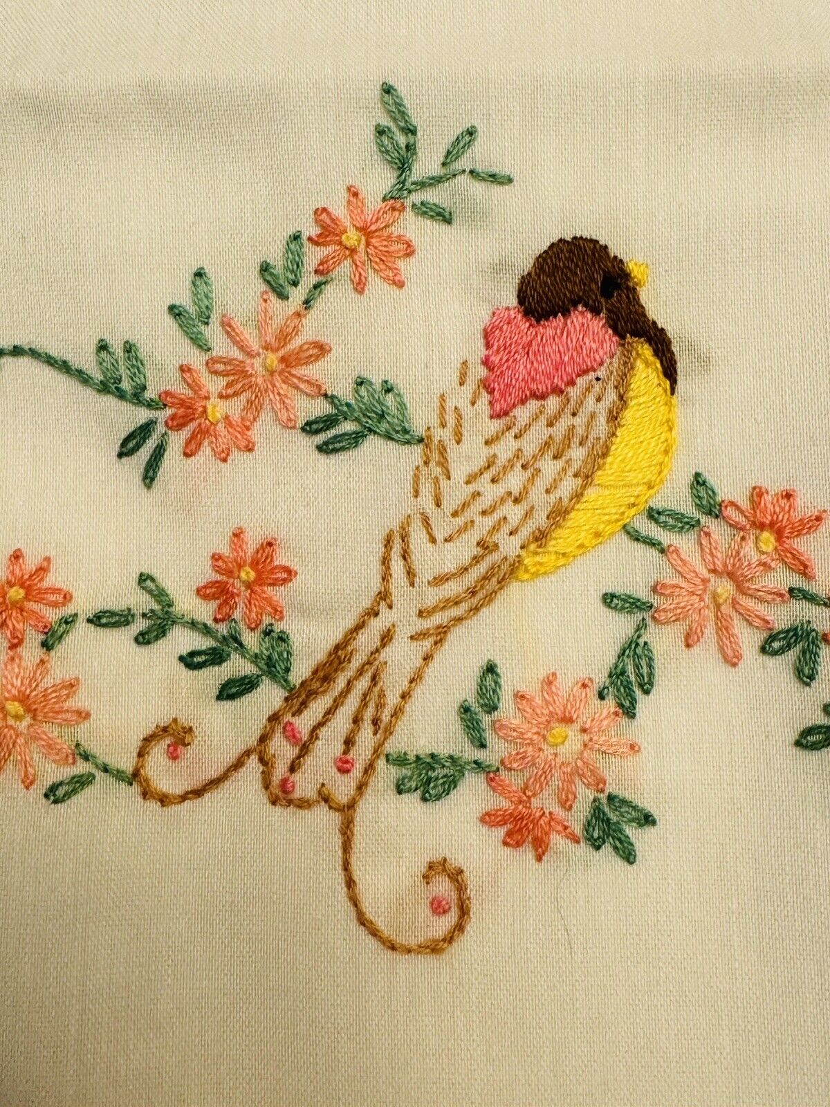 Vintage Handmade Song Bird Pillowcases Set of 2 Hand Embroidered  20 x 30”