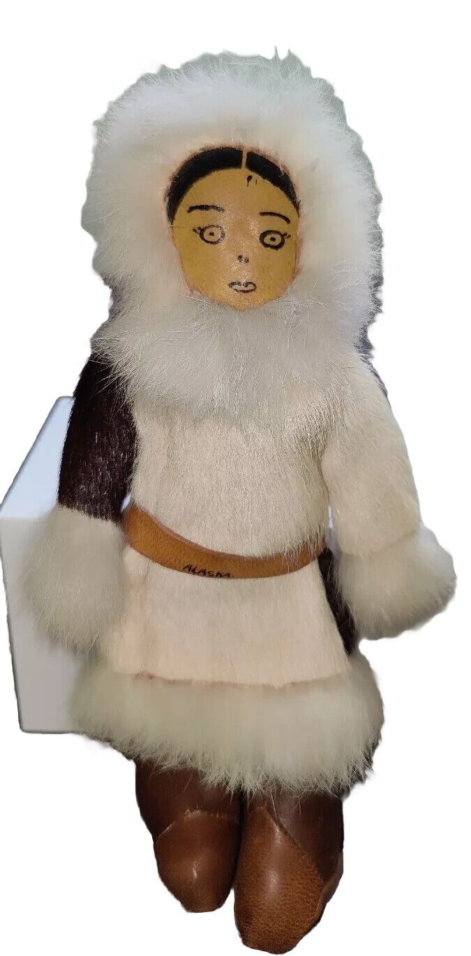Alaska Eskimo Doll Handmade Folk Art Leather Fur Rustic 9\