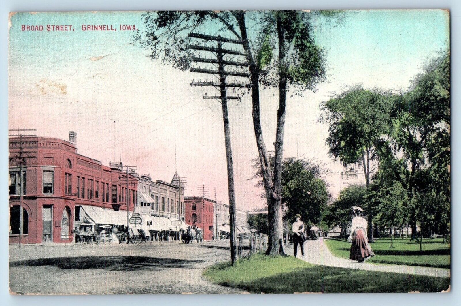 Grinnell Iowa IA Postcard Broad Street Trees People Horse Carriage Scene 1909