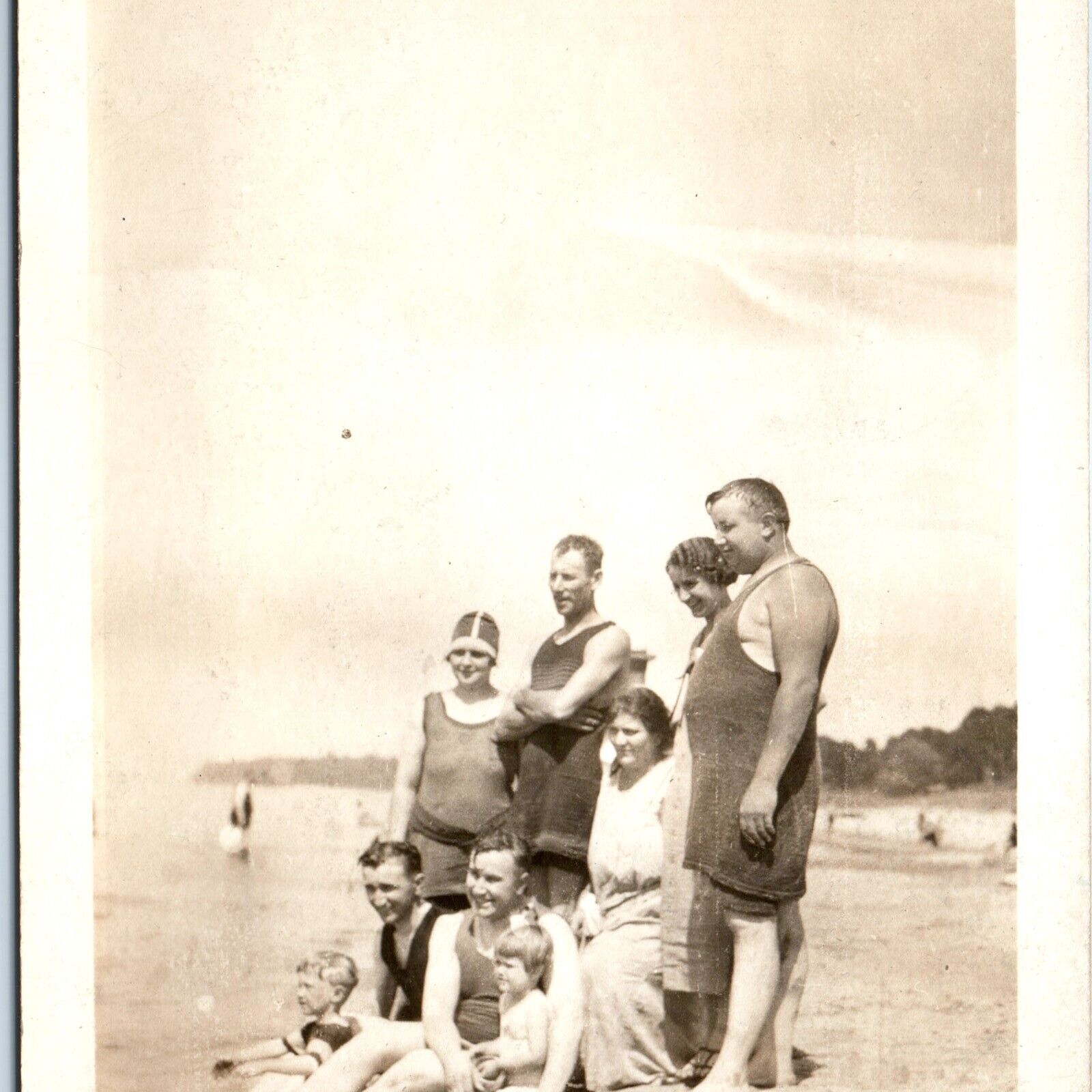 c1910s Group @ Beach Swimming RPPC Family Early Swimsuits Cap Real Photo PC A185