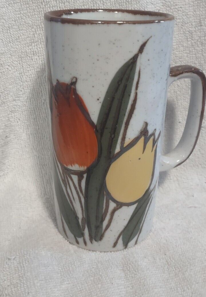 Vintage Otagiri Tall Speckled Stoneware Floral Tulip Mug
