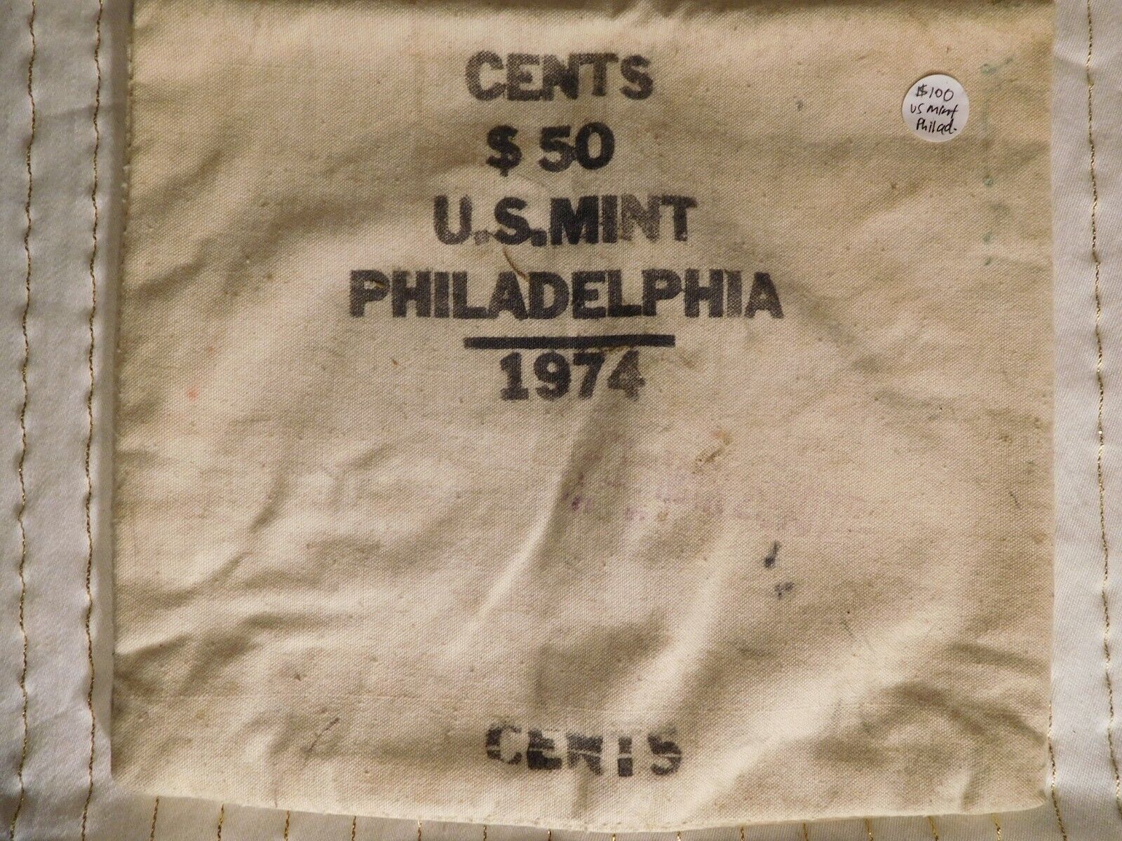 Vintage 1974 Philadelphia U.S. Mint Canvas Cent Bag $50 ~ 10\