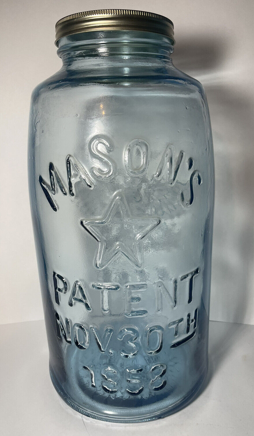 Embossed Aqua MASON’S PATENT NOV 30TH 1858 STAR & EAGLE 5 Gallon Pickle Jar 18\