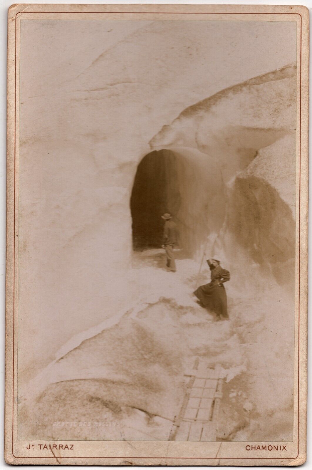 1896 CABINET CARD JH. TAIRRAZ PEOPLE HIKING INTO BOSSON GLACIER CHAMONIX FRANCE