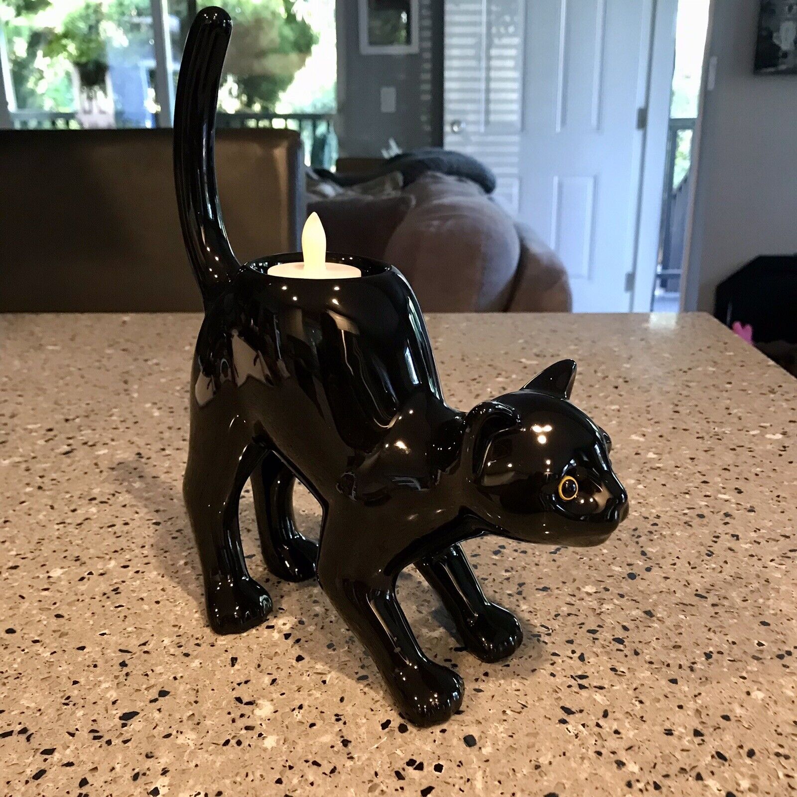 Halloween Black Cat Candle Holder Ceramic 10” Tall