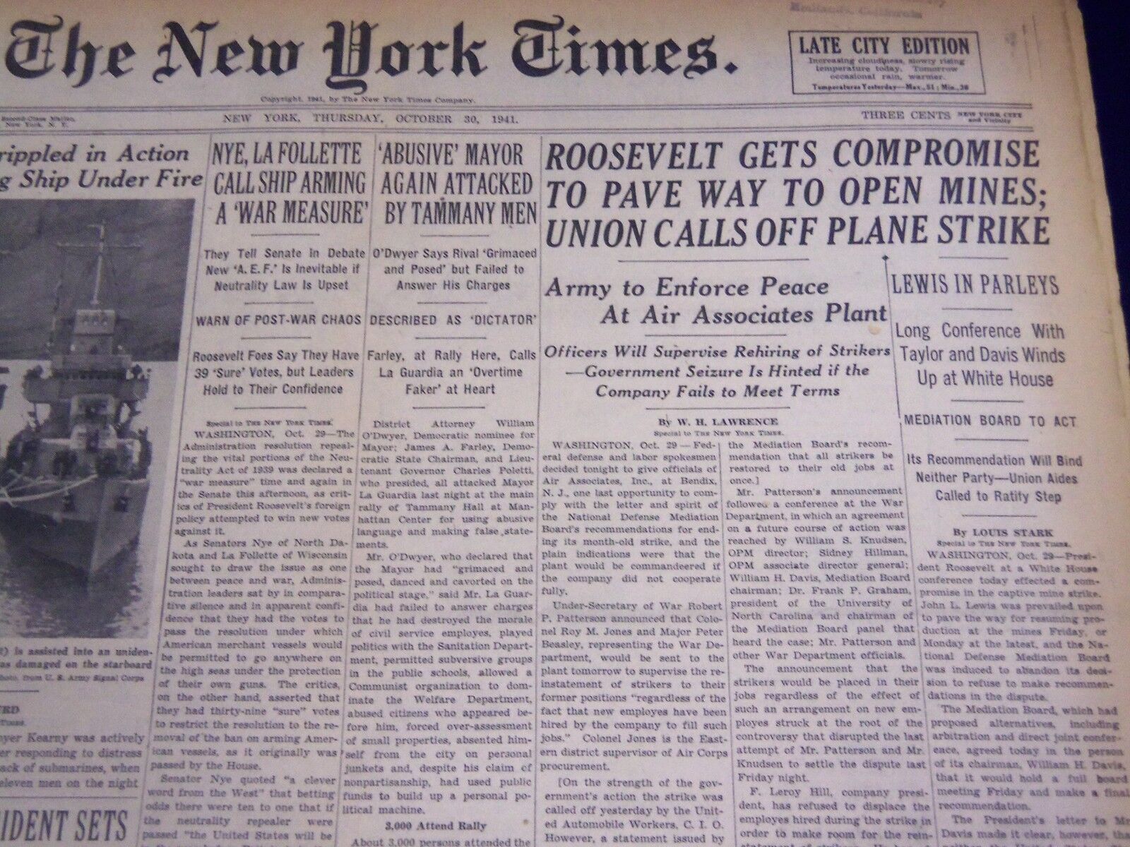 1941 OCT 30 NEW YORK TIMES - ROOSEVELT GETS COMPROMISE CALLS OFF STRIKE- NT 1101