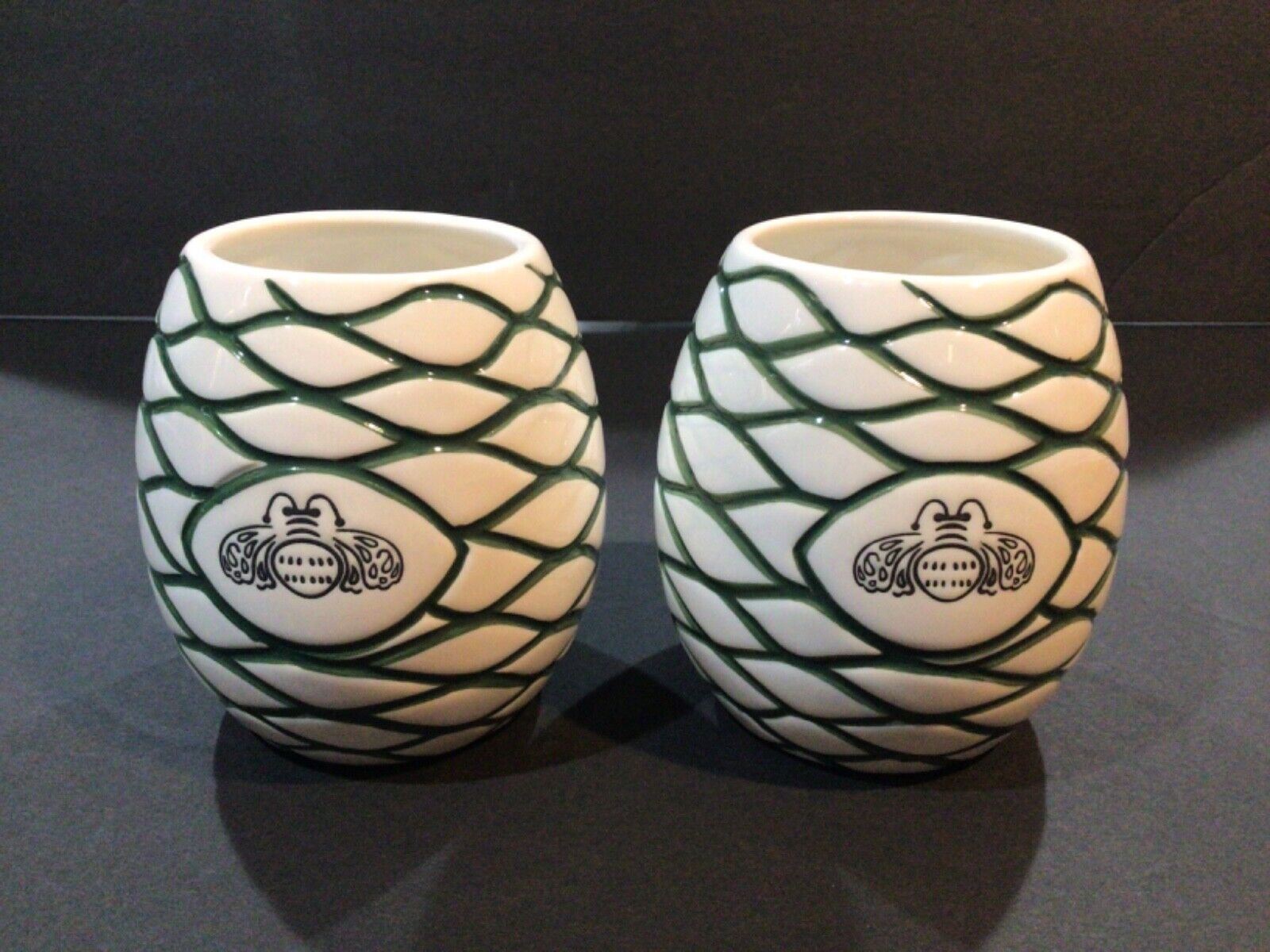 2 Patron Tequila Bee Hive Agave White and Green Ceramic Tiki Mug/Cups
