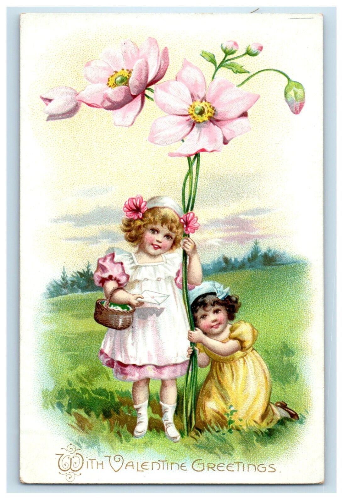 c1905 Valentine Greetings Cute Little Girls Pink Flowers Embossed Postcard