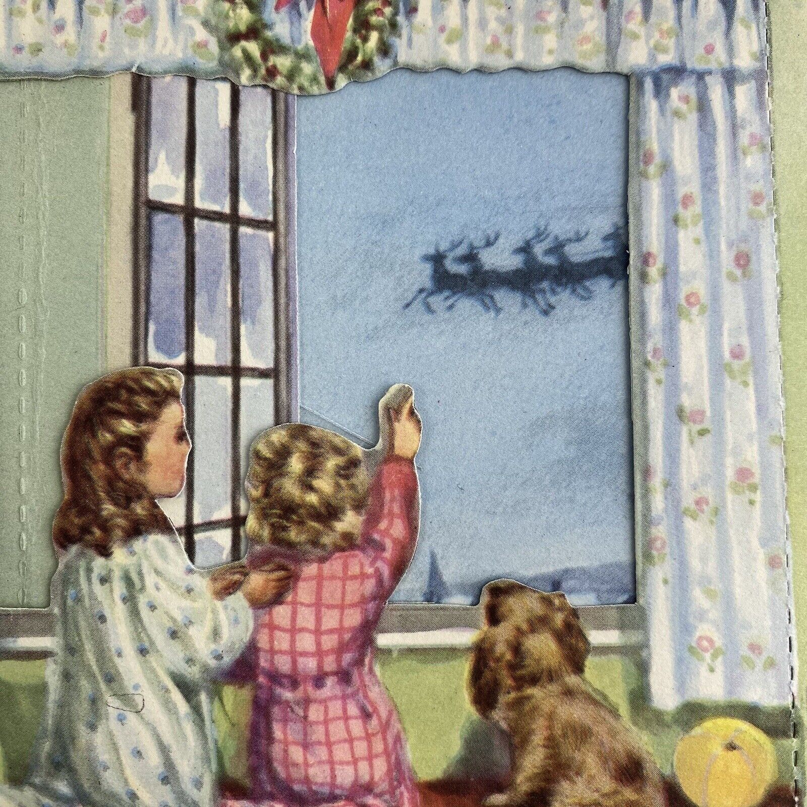 Vintage Mid Century Christmas Greeting Cute Kids Puppy Dog At Window Die Cut