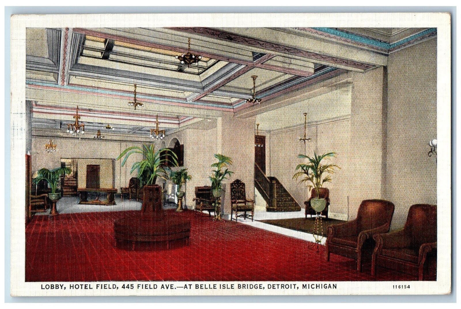 Detroit Michigan MI Postcard Lobby Hotel Field Interior Scene 1936 Antique Plant