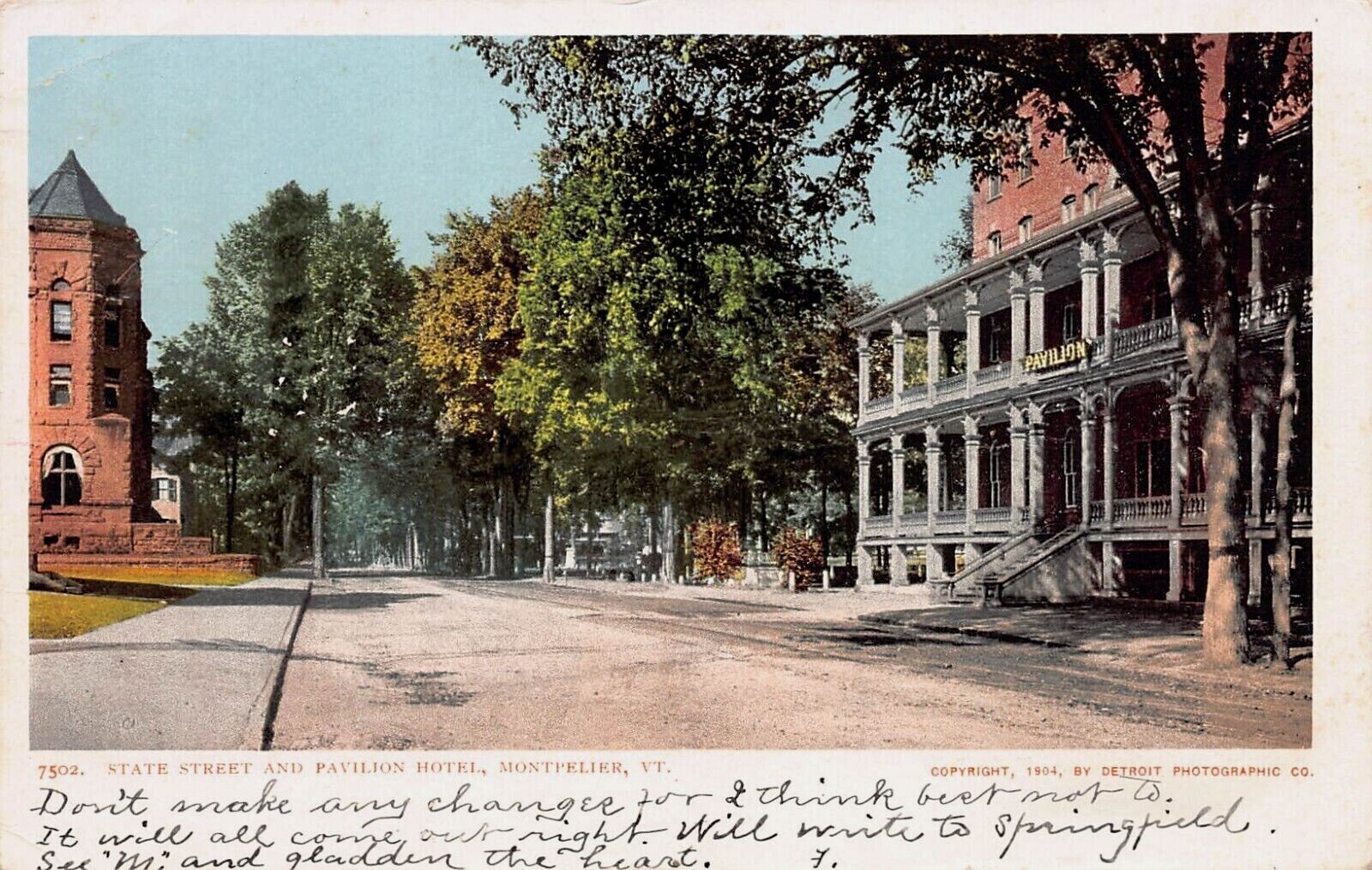 State Street and Pavilion Hotel, Montpielier, VT, 1904 Postcard, Used in 1905