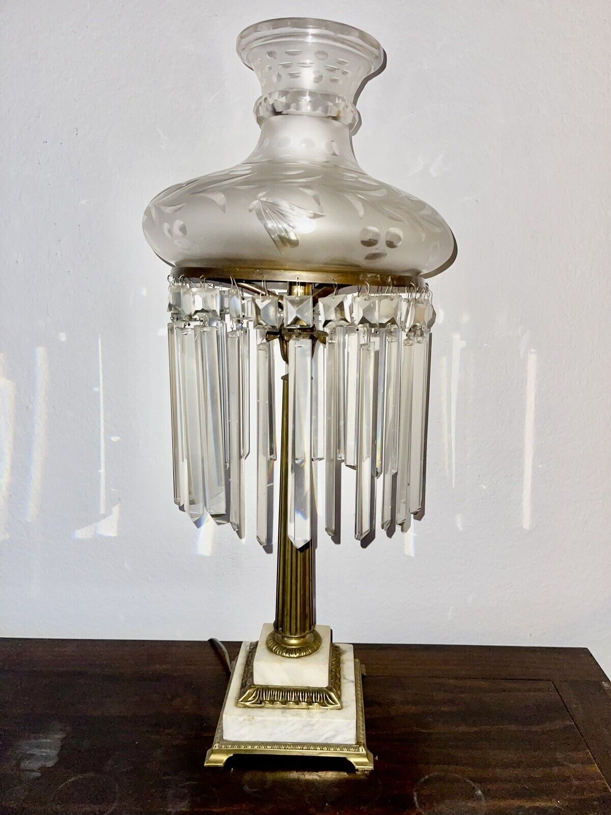 Antique 19th Century Astral Sinumbra Large Table Lamp Bronze, Marble, Crystal 