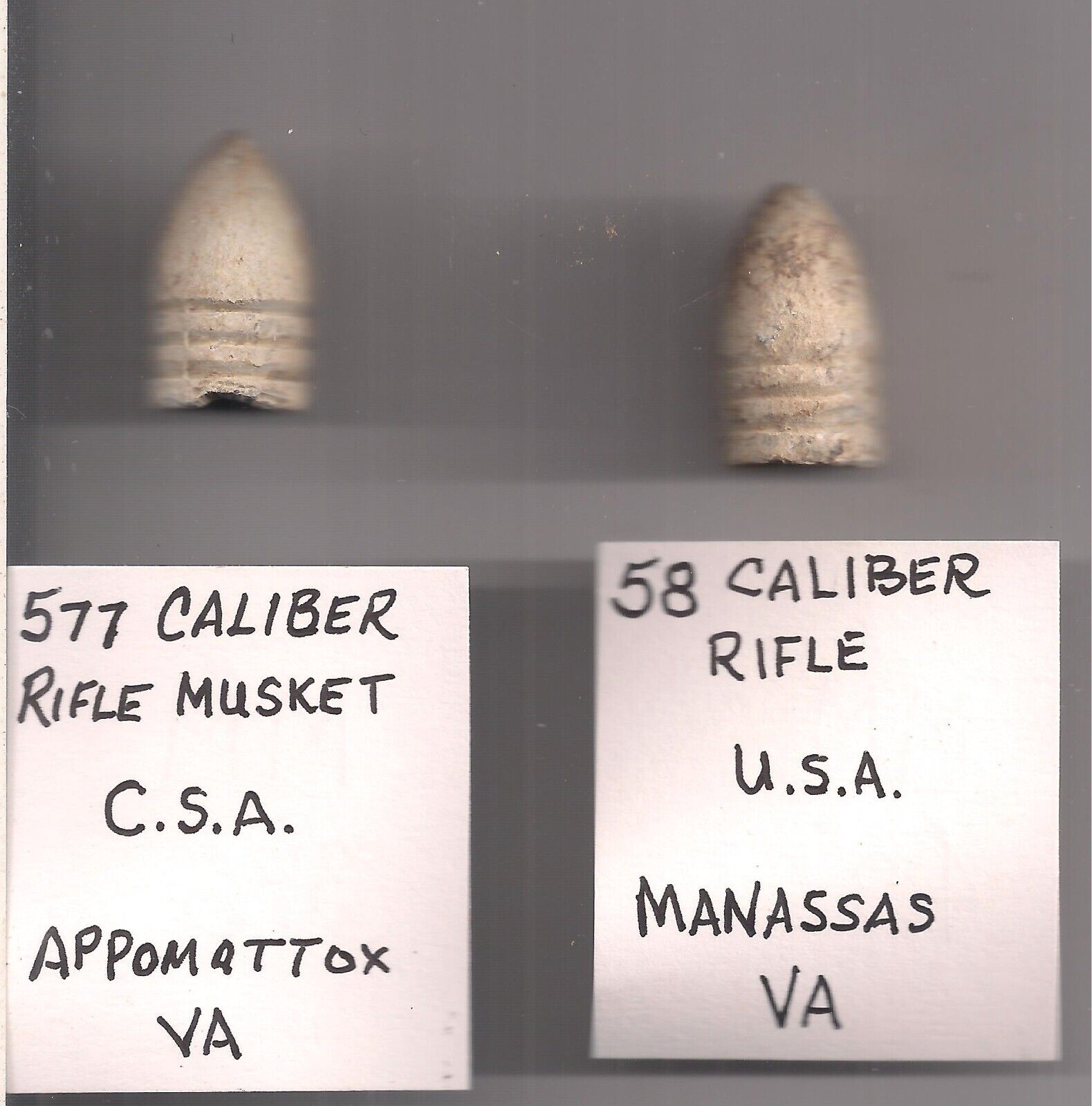 TWO GENUINE Civil War Bullets From Appomattox & Manassas. One from each side.