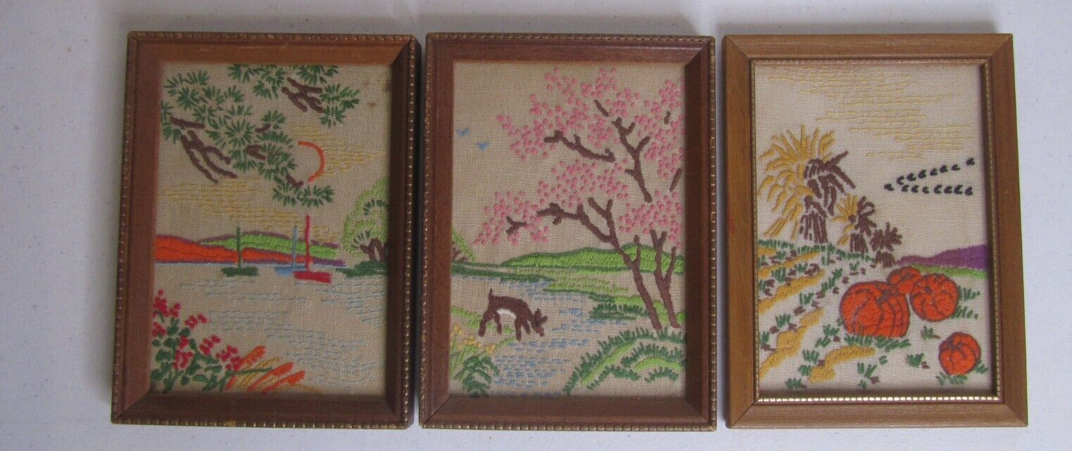3 Vintage Embroidery Crewel Handmade Framed 5 x 7