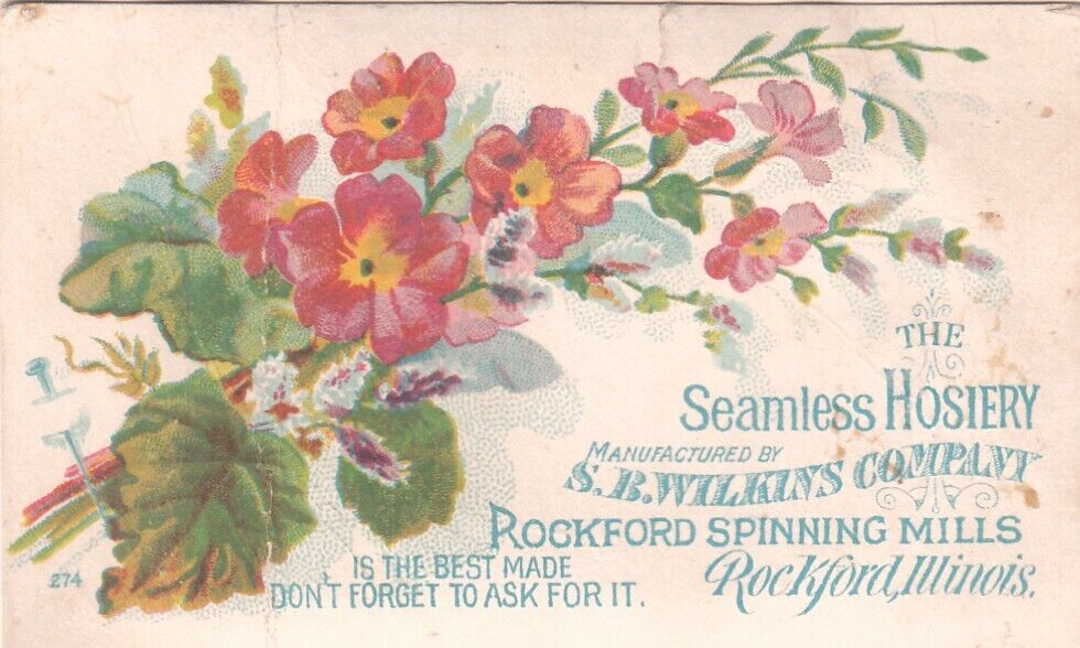 S B Wilkins Seamless Hosiery Rockford Spinning Mills IL Pink Flowers Card c1880s