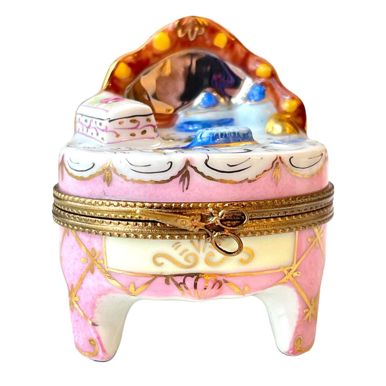 Vintage Limoges Peint Main Vanity Trinket Box Porcelain Figurine Pink Dresser